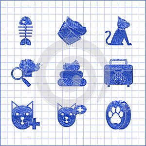 Set Shit, Veterinary clinic symbol, Paw print, Pet first aid kit, Cat and Fish skeleton icon. Vector