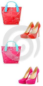 The set of shoes and bags isolated on white