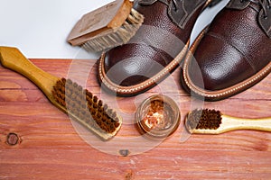 Set of Shoes Cleaning Accessories for Dark Brown Grain Brogue Derby Boots Made of Calf Leather with Special Tools