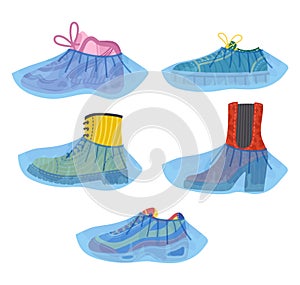 Set of shoes with medical covers. Trendy boots. Vector flat illustration