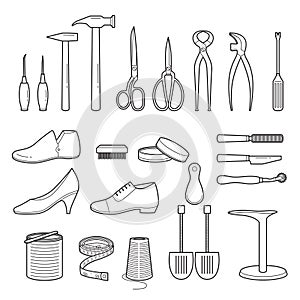 Set Of Shoes Repair Tools And Shoes Accessories, Outline