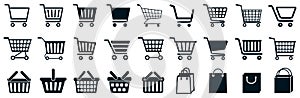 Set shop cart, basket, bag icon, buy and sale symbol. Full and empty shopping cart. Shopping basket bag icon sign - vector