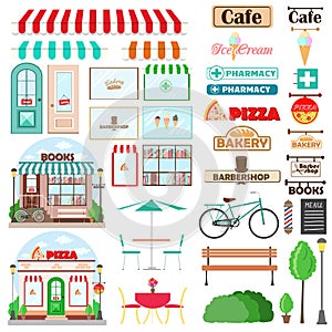 Set of Shop facade and exterior elements with doors, showcases, signboards emblems, bench, plants furniture products