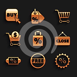 Set Shoping bag with percent discount, Price tag Free, Discount, Hanging sign Closed, Shopping cart and dollar, and Buy