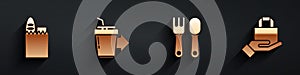 Set Shopping bag and food, Coffee cup to go, Fork and spoon and Online ordering and delivery icon with long shadow