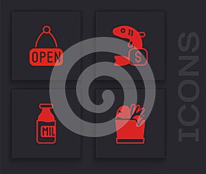 Set Shopping bag and food, Hanging sign with Open, Price tag for fish and Bottle milk icon. Vector