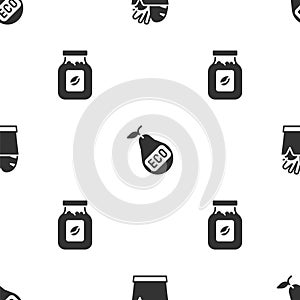 Set Shopping bag and food, Healthy organic pear and Coffee jar bottle on seamless pattern. Vector