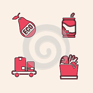 Set Shopping bag and food, Healthy organic pear, Soda can and Hand truck boxes icon. Vector