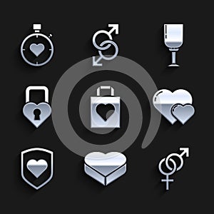 Set Shopping bag with heart, Candy shaped box, Gender, Heart, shield, Castle the of, Wine glass and center stopwatch