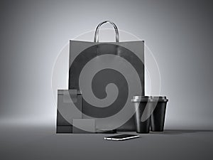 Set of shopping bag, two coffee cups, blank