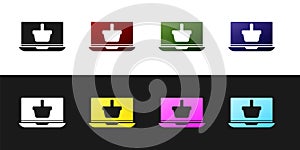 Set Shopping basket on screen laptop icon isolated on black and white background. Concept e-commerce, e-business, online