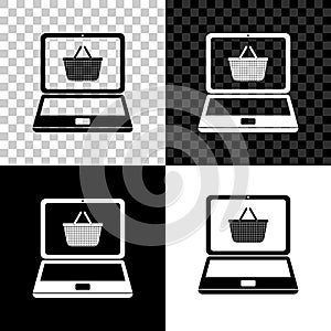 Set Shopping basket on screen laptop icon isolated on black, white and transparent background. Concept e-commerce, e
