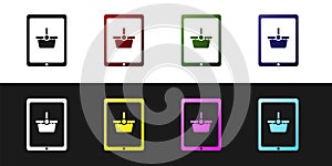 Set Shopping basket on screen tablet icon isolated on black and white background. Concept e-commerce, e-business, online
