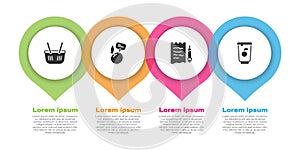 Set Shopping basket, Supermarket food products with price label, list and pencil and Yogurt container. Business