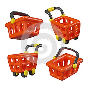 Set of shopping baskets and carts in different positions. Red shopping bags