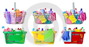 Set of shopping baskets with different household chemicals on background