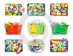 Set of shopping baskets with different household chemicals on background