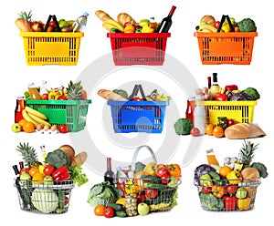 Set of shopping baskets with grocery products on background