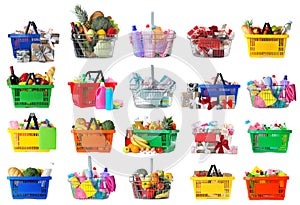 Set of shopping baskets with grocery products, gifts and household chemicals on background