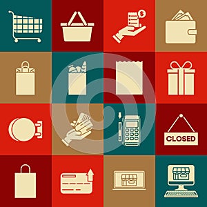 Set Shopping building on screen computer, Hanging sign with text Closed, Gift box, Human hand holding blank receipt or
