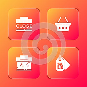 Set Shopping building and text closed, basket, or market store and Price tag with Sale icon. Vector