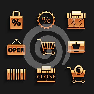 Set Shopping cart, building and text closed, euro, basket on laptop, Barcode, Hanging sign with Open, or market store