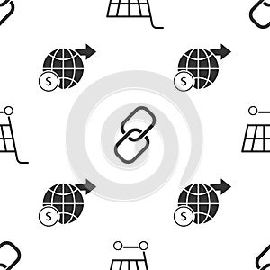 Set Shopping cart, Chain link and Earth globe with dollar on seamless pattern. Vector