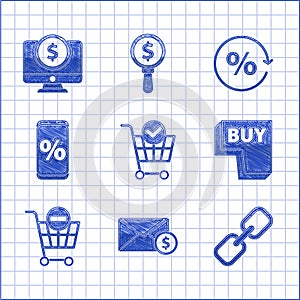 Set Shopping cart with check mark, Envelope coin dollar, Chain link, Buy button, Remove shopping, Percent discount and