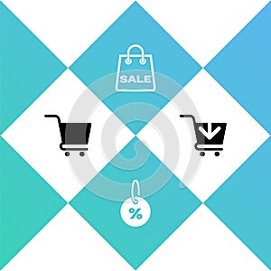 Set Shopping cart, Discount percent tag, bag with Sale and Add to icon. Vector