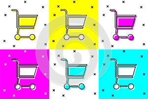 Set Shopping cart icon isolated on color background. Online buying concept. Delivery service sign. Supermarket basket