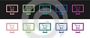 Set Shopping cart on monitor icon isolated on black and white background. Concept e-commerce, e-business, online