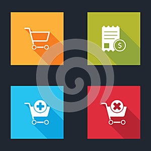 Set Shopping cart, Paper check and financial check, Add to and Remove shopping icon. Vector