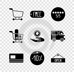 Set Shopping cart, Price tag with text Free, Consumer or customer product rating, Credit card, Ten discount percent