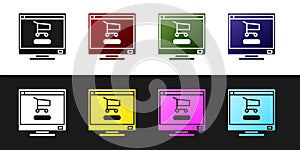 Set Shopping cart on screen computer icon isolated on black and white background. Concept e-commerce, e-business, online