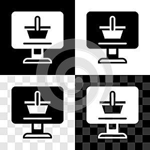 Set Shopping cart on screen computer icon isolated on black and white, transparent background. Concept e-commerce, e