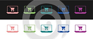 Set Shopping cart on screen laptop icon isolated on black and white background. Concept e-commerce, e-business, online