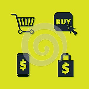 Set Shopping cart, Shoping bag and dollar, Smartphone with and Buy button icon. Vector