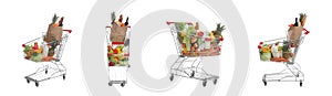Set with shopping carts full of groceries on white background. Banner design
