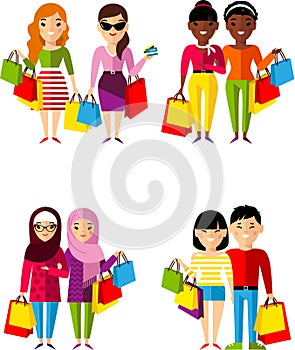 Set of shopping concept couple international people buyer.