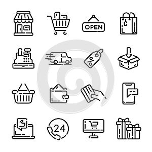 Set of Shopping and E-commerce outline icons. Shop and retail line vector illustration.