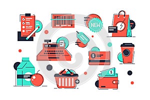 Set shopping icons of products and market equipment.