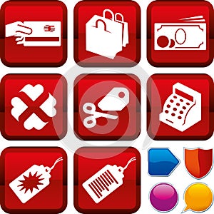 Set of shopping icons on square buttons. Geometric style.