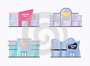 Set of shopping mall building exterior. Flat design style modern vector illustration concept