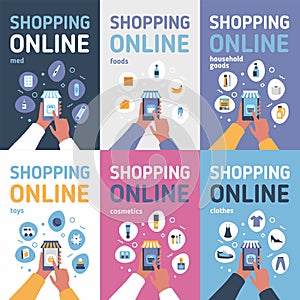Set of Shopping online on smart phone, flat design icons and elements. Vector