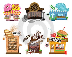 Set of shops. A collection of small cartoon shops with a sign. Stylized trade counters. Vector illustration.