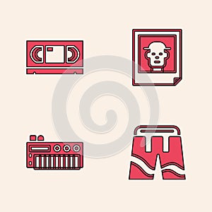 Set Short or pants, VHS video cassette tape, Photo and Music synthesizer icon. Vector