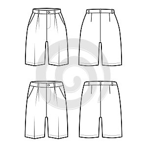 Set of Shorts Bermuda dress pants technical fashion illustration with above-the-knee length, single pleat, low waist