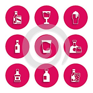 Set Shot glass, Glass bottle of vodka, Beer and, Whiskey, Wine, beer and can icon. Vector