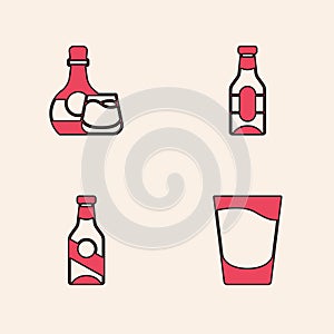 Set Shot glass, Whiskey bottle and, Beer and icon. Vector