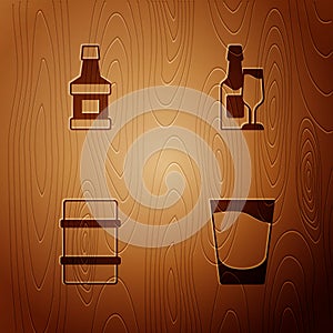 Set Shot glass, Whiskey bottle, Metal beer keg and Champagne and on wooden background. Vector